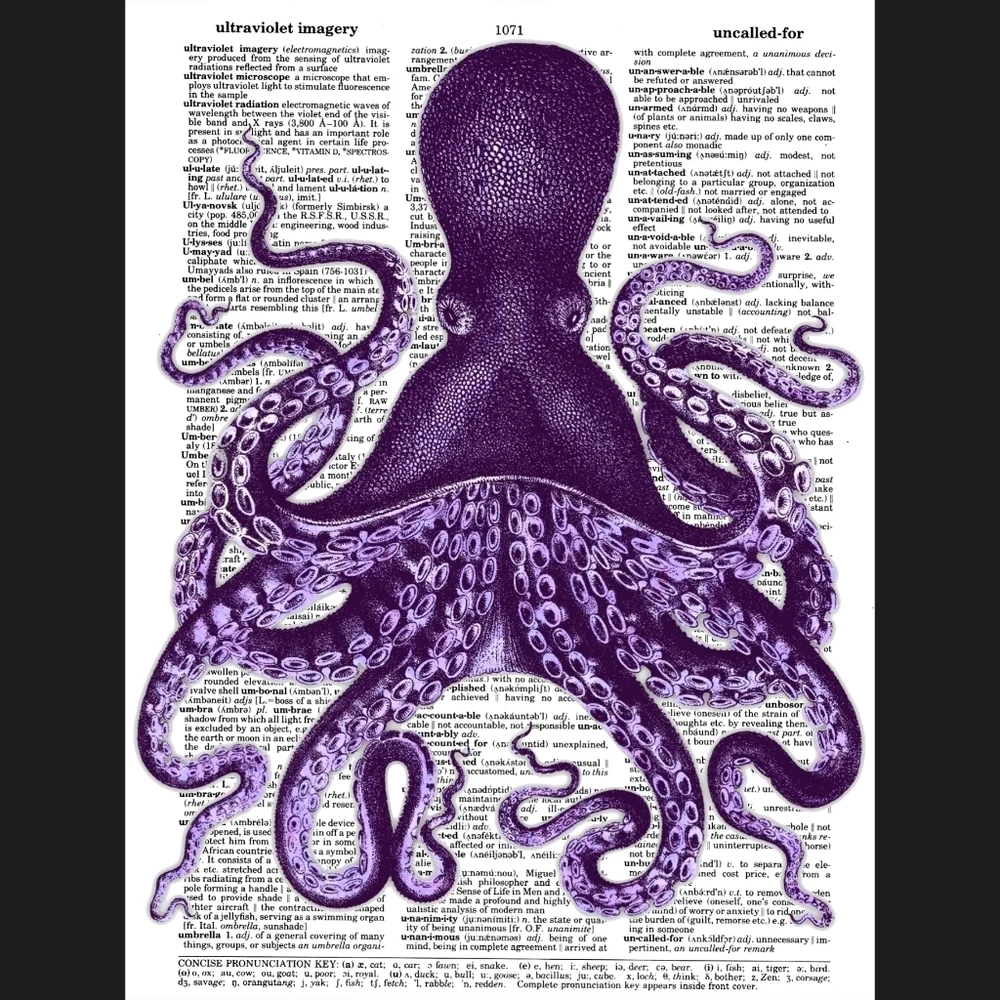 Purple Octopus Vintage Dictionary Art Print Beach - Picture 1 of 4